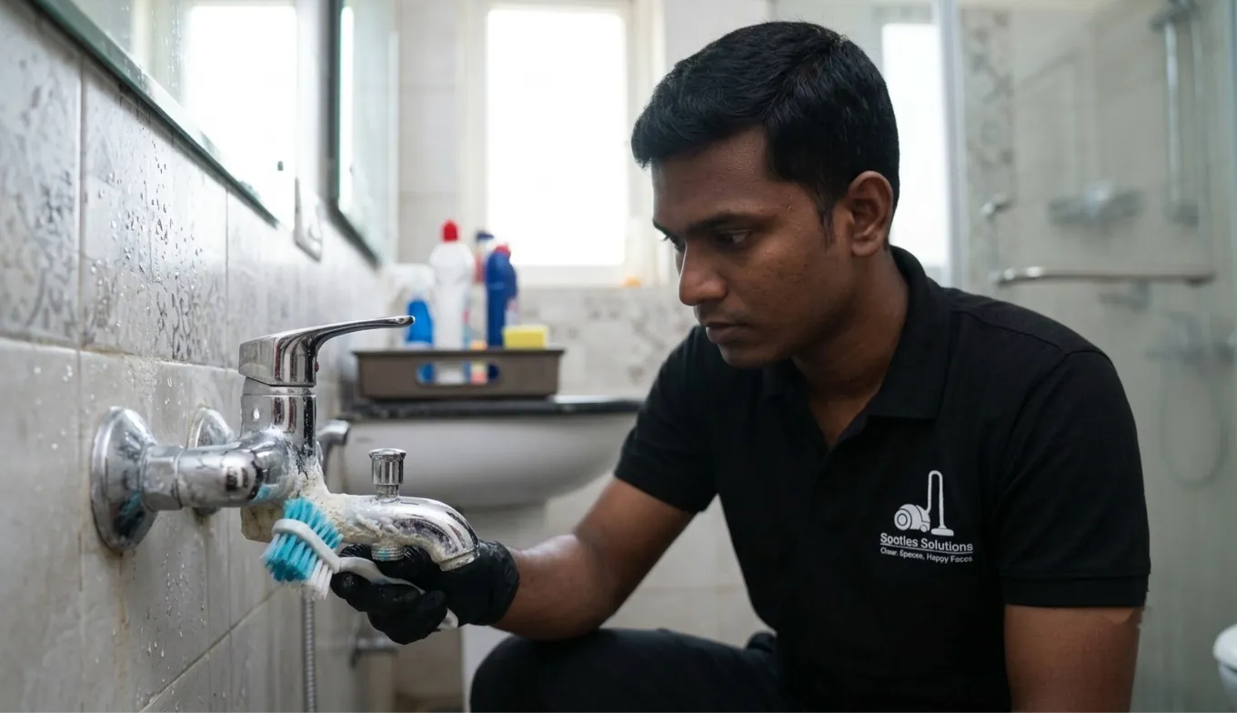 Hard water stain removal from bathroom tap in Hyderabad